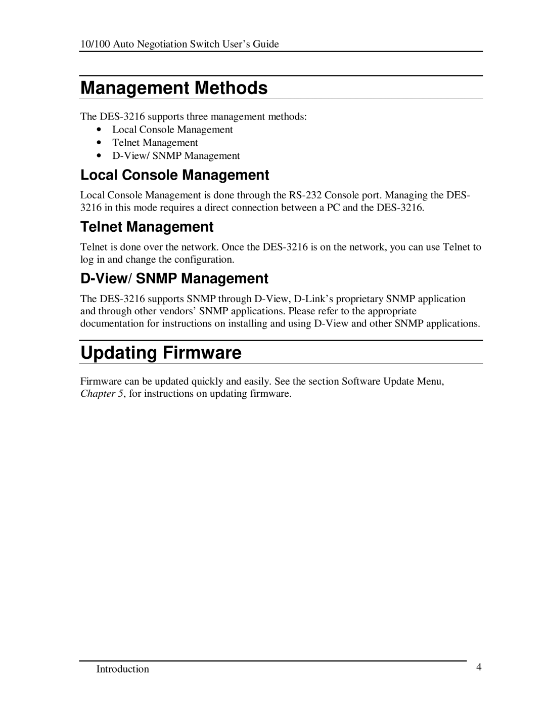 D-Link DES-3216 Management Methods, Updating Firmware, Local Console Management, Telnet Management, View/ Snmp Management 