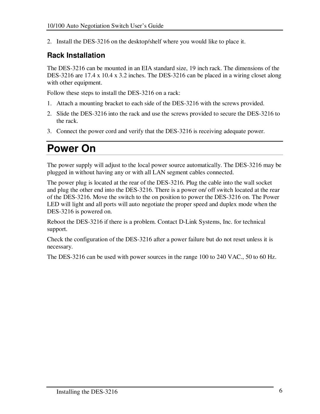 D-Link DES-3216 manual Power On, Rack Installation 