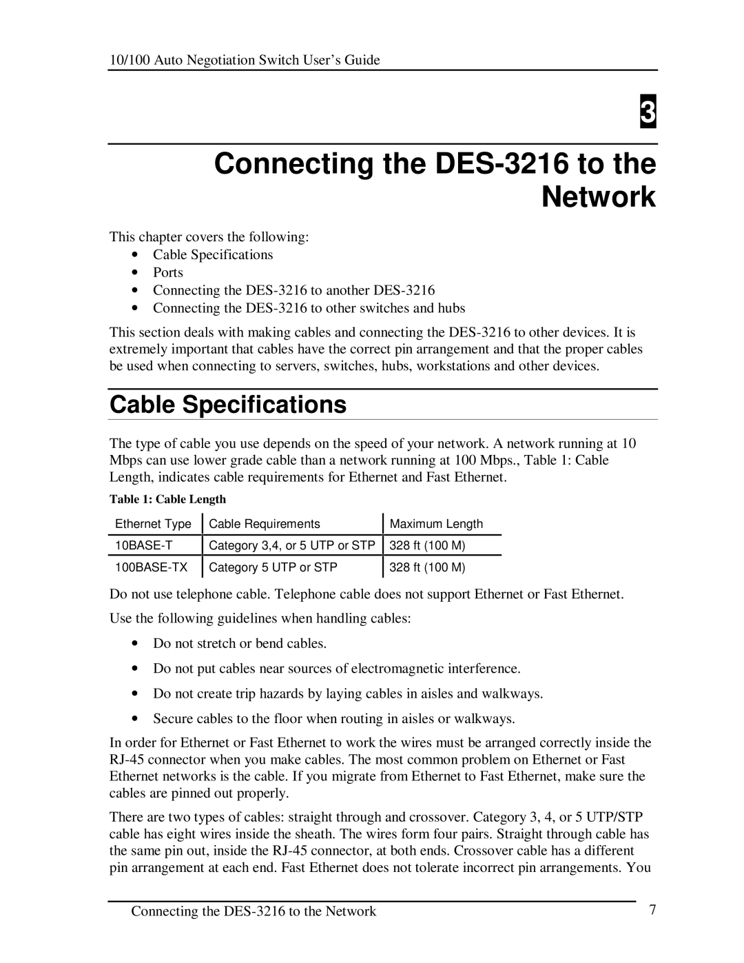 D-Link manual Connecting the DES-3216 to the Network, Cable Specifications 