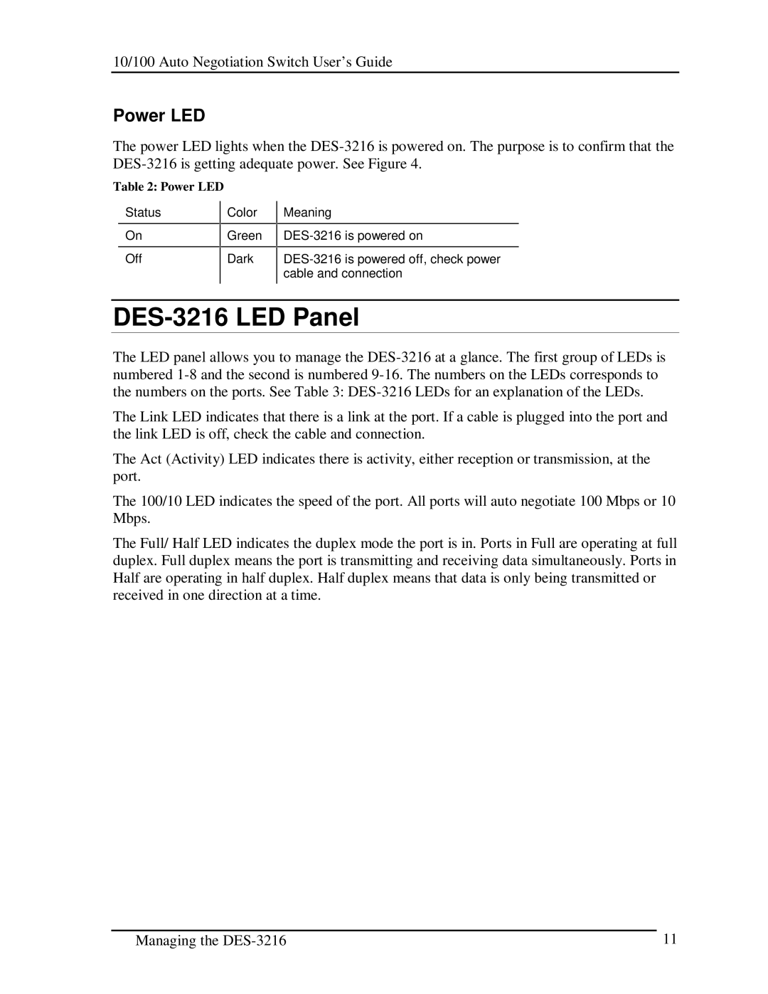 D-Link manual DES-3216 LED Panel, Power LED 