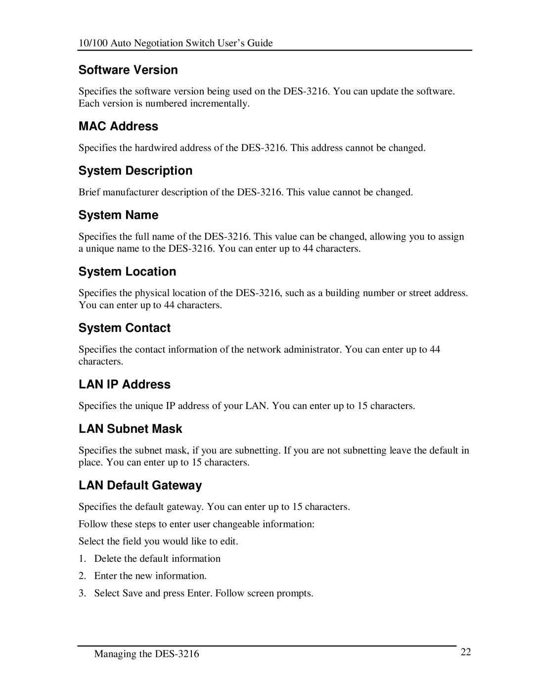 D-Link DES-3216 manual Software Version, MAC Address, System Description, System Name, System Location, System Contact 