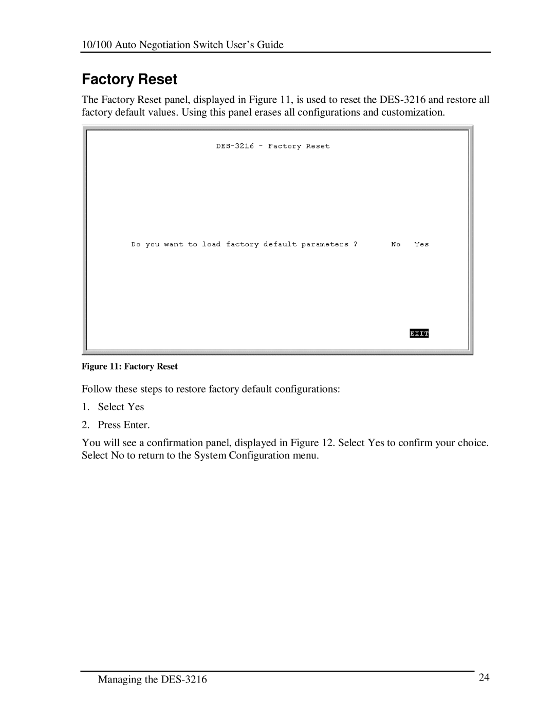 D-Link DES-3216 manual Factory Reset 