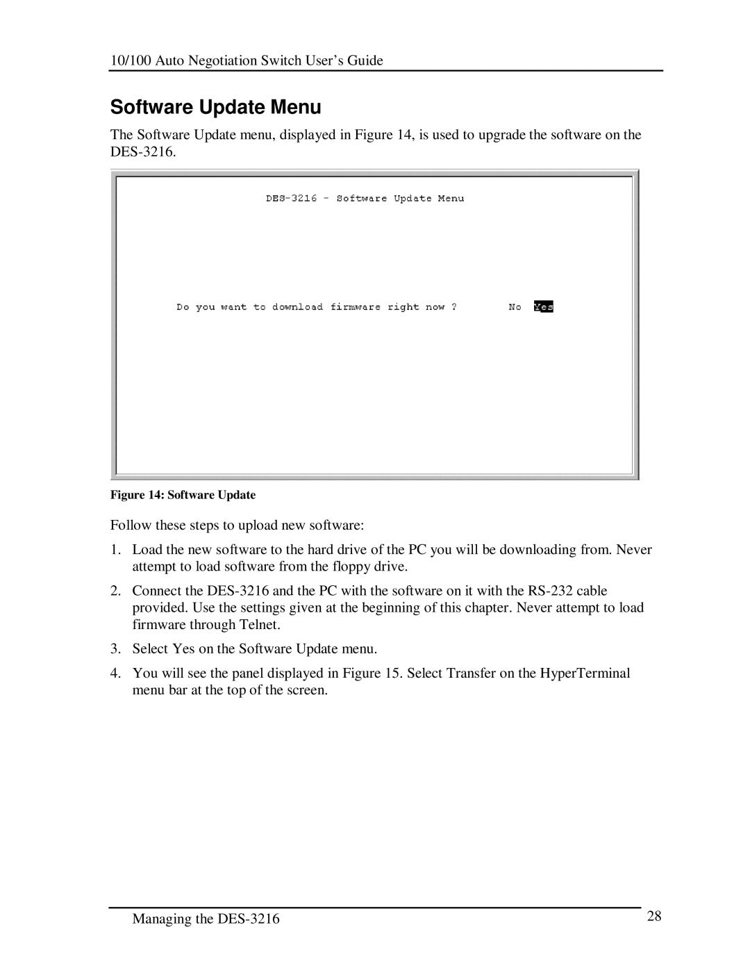 D-Link DES-3216 manual Software Update Menu 