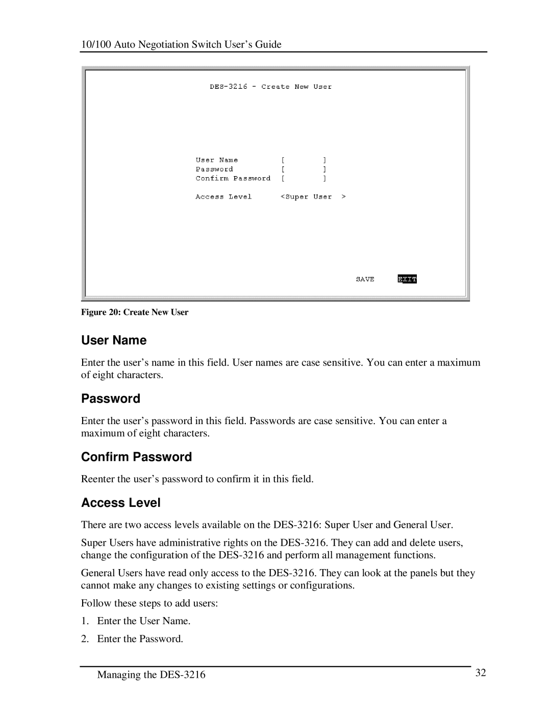 D-Link DES-3216 manual User Name, Confirm Password, Access Level 