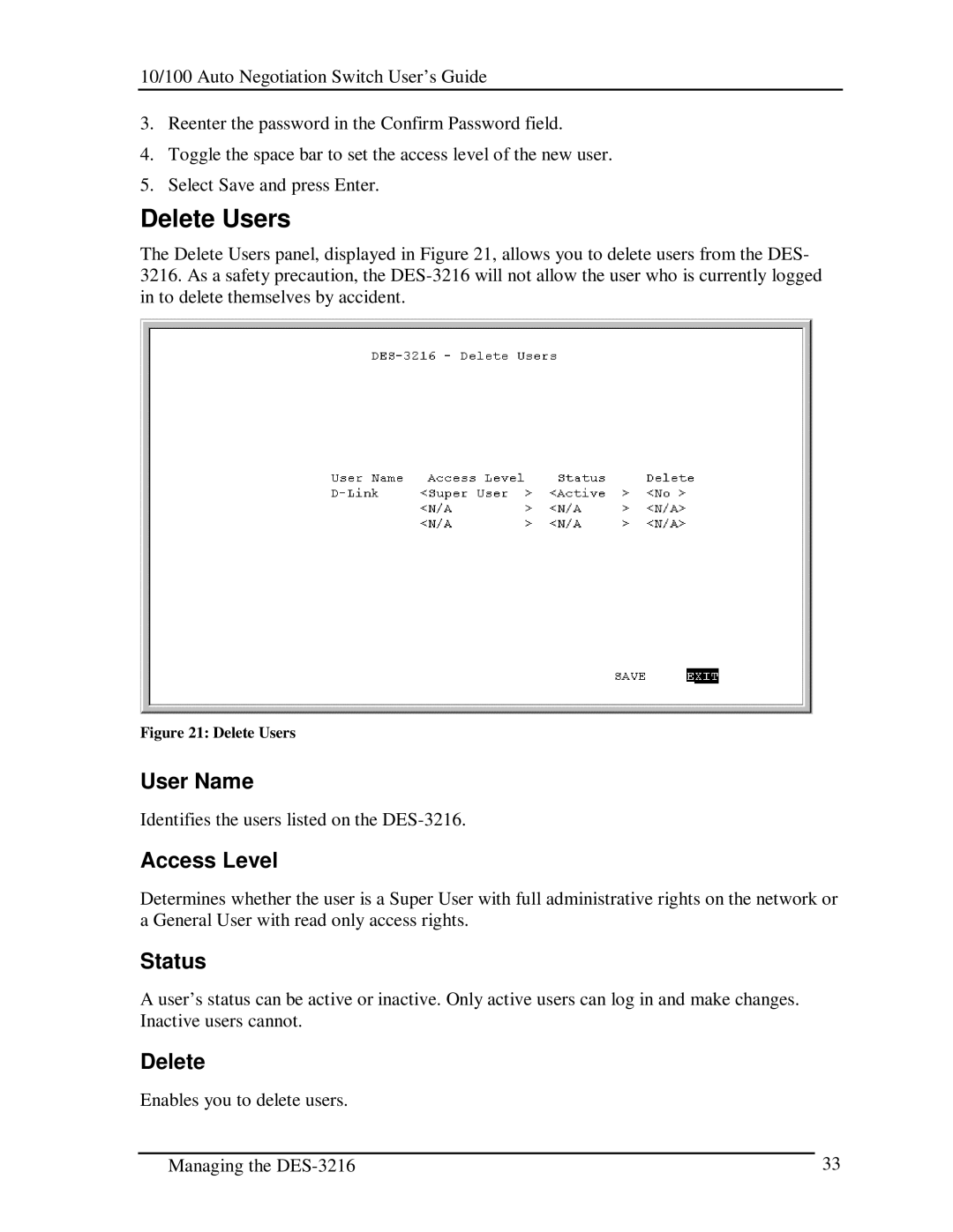 D-Link DES-3216 manual Delete Users, Status 