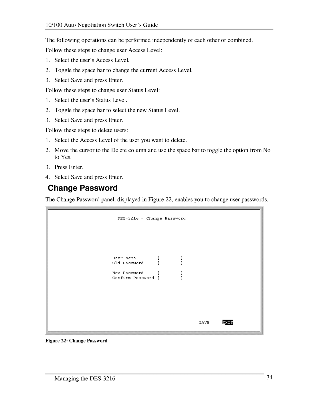 D-Link DES-3216 manual Change Password 