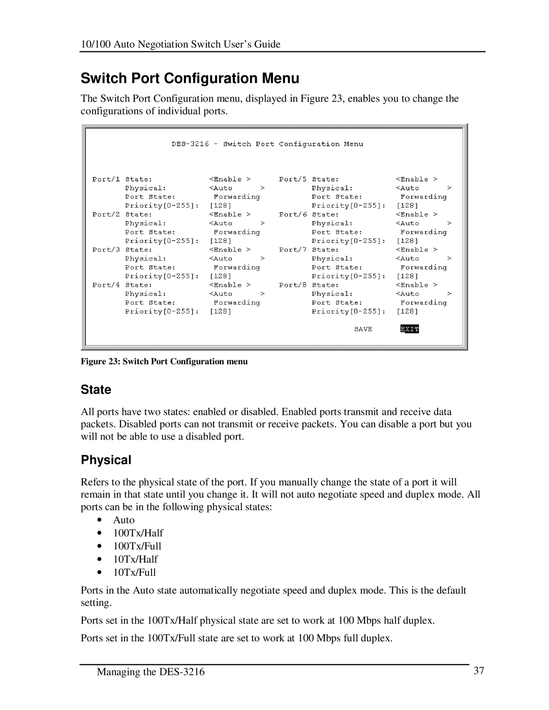 D-Link DES-3216 manual Switch Port Configuration Menu, State, Physical 