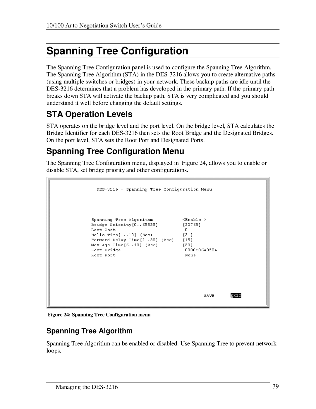 D-Link DES-3216 manual STA Operation Levels, Spanning Tree Configuration Menu, Spanning Tree Algorithm 