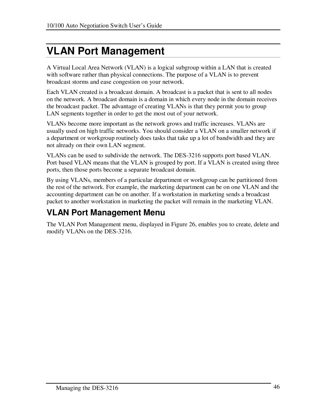 D-Link DES-3216 manual Vlan Port Management Menu 