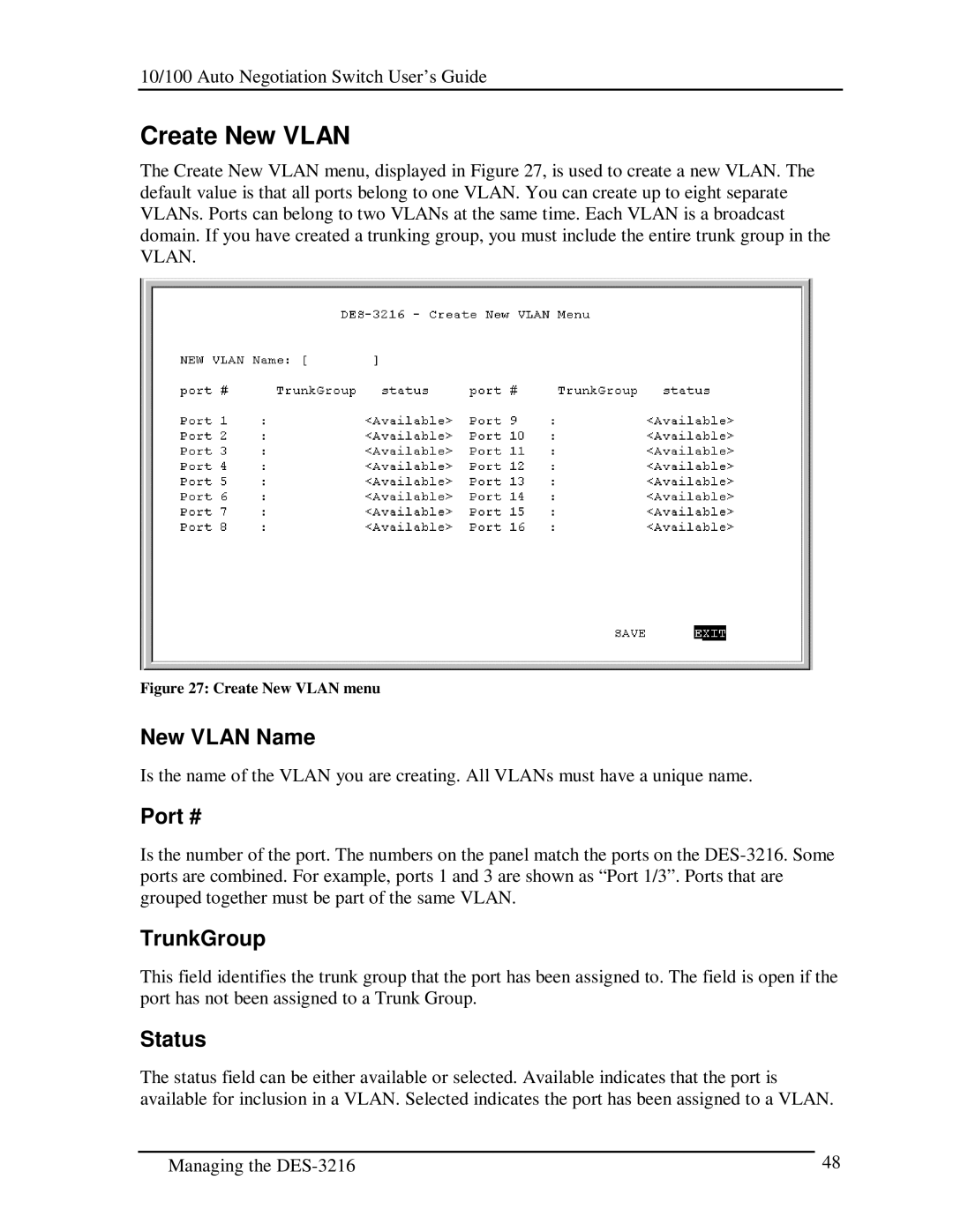 D-Link DES-3216 manual Create New Vlan, New Vlan Name, Port #, TrunkGroup 