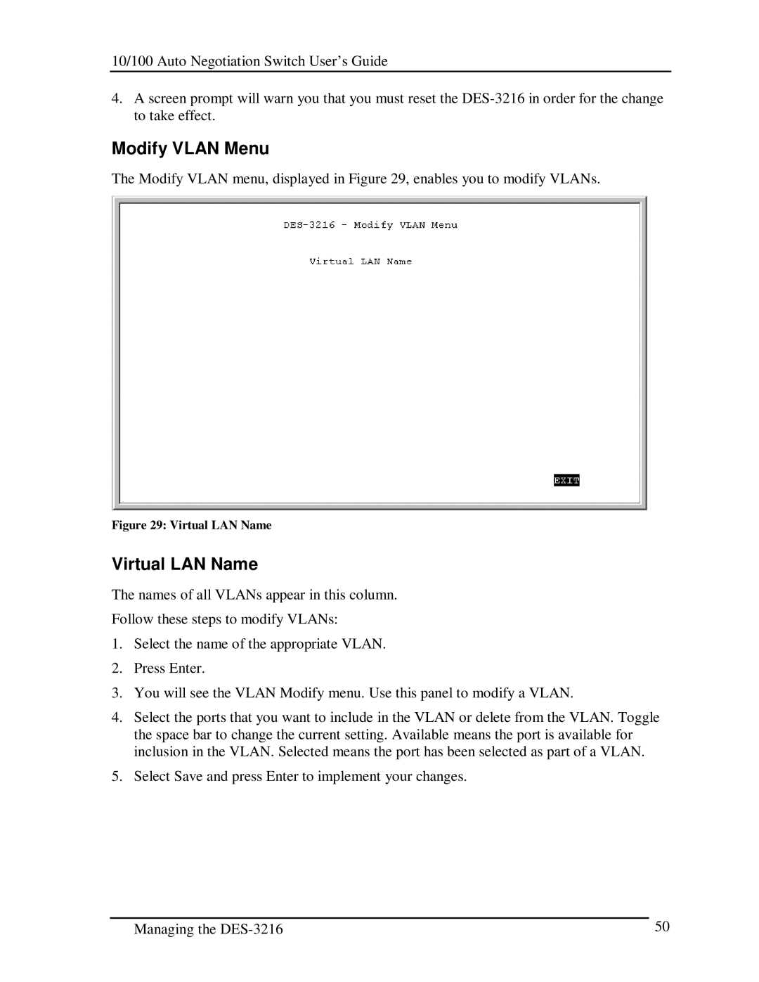 D-Link DES-3216 manual Modify Vlan Menu, Virtual LAN Name 