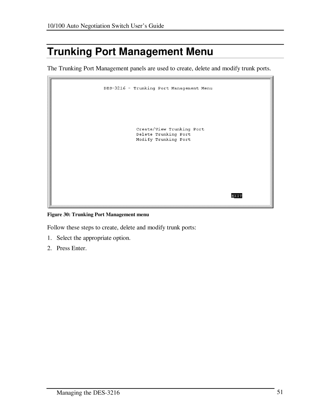 D-Link DES-3216 manual Trunking Port Management Menu, Trunking Port Management menu 