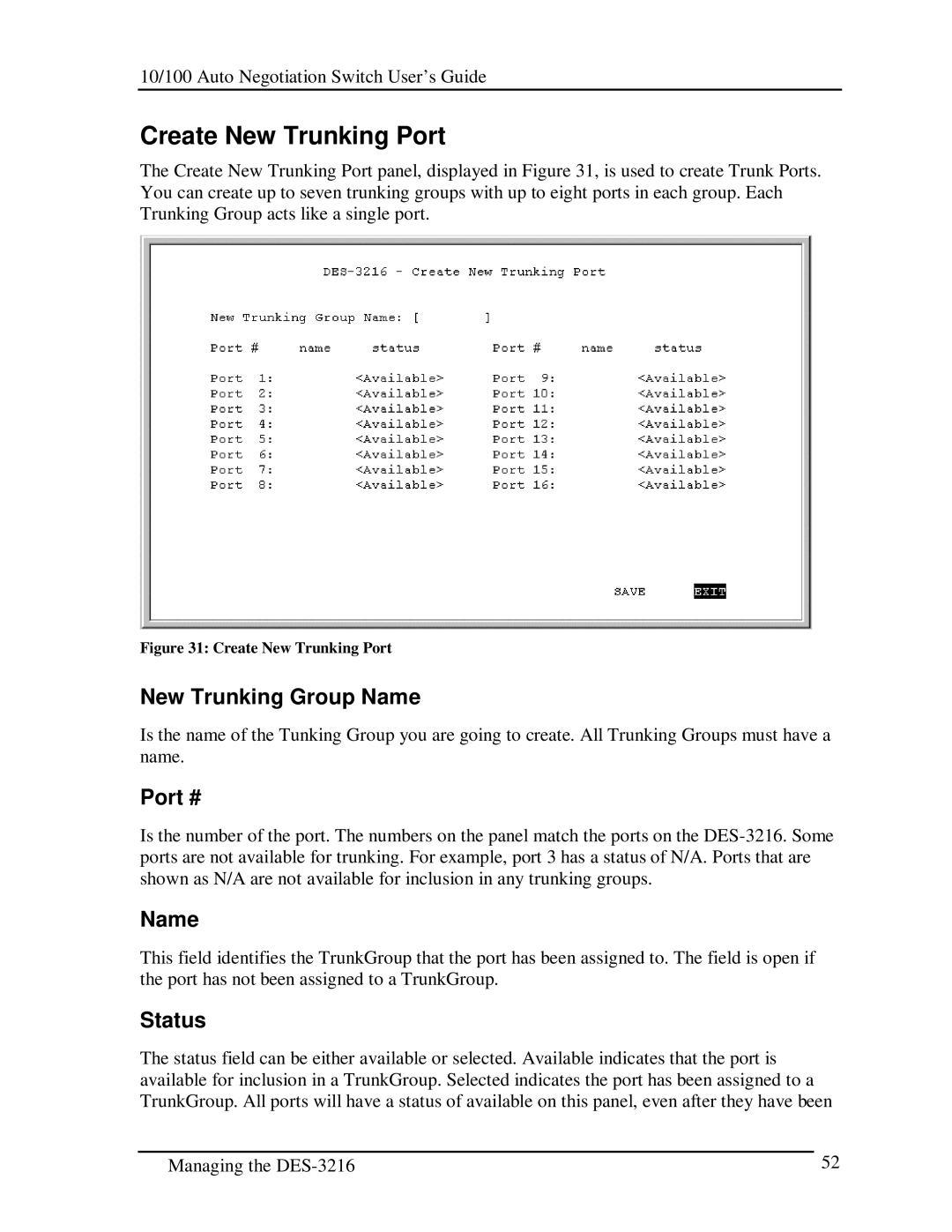 D-Link DES-3216 manual Create New Trunking Port, New Trunking Group Name 