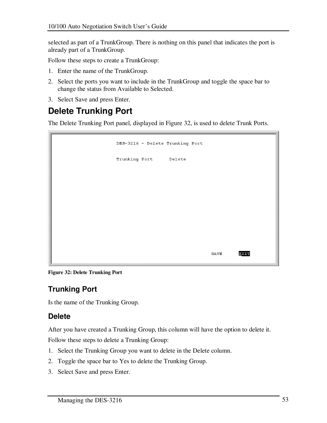 D-Link DES-3216 manual Delete Trunking Port 