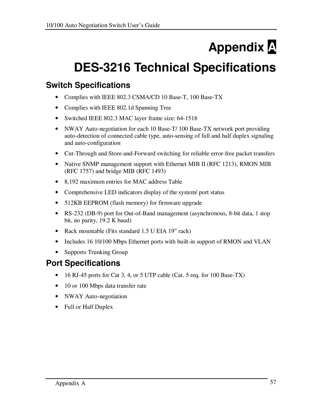 D-Link manual Appendix a DES-3216 Technical Specifications, Switch Specifications, Port Specifications 