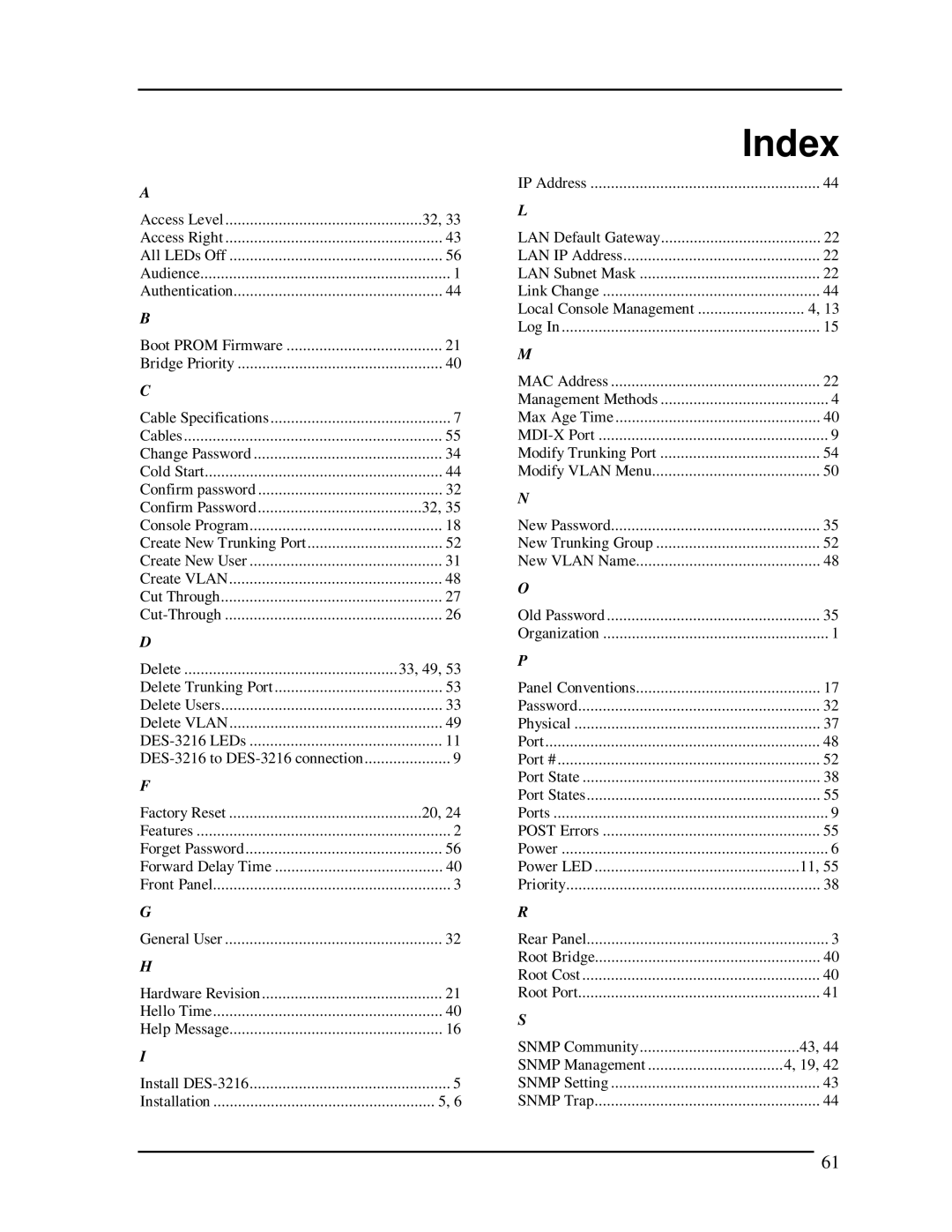 D-Link DES-3216 manual Index, Access Level 