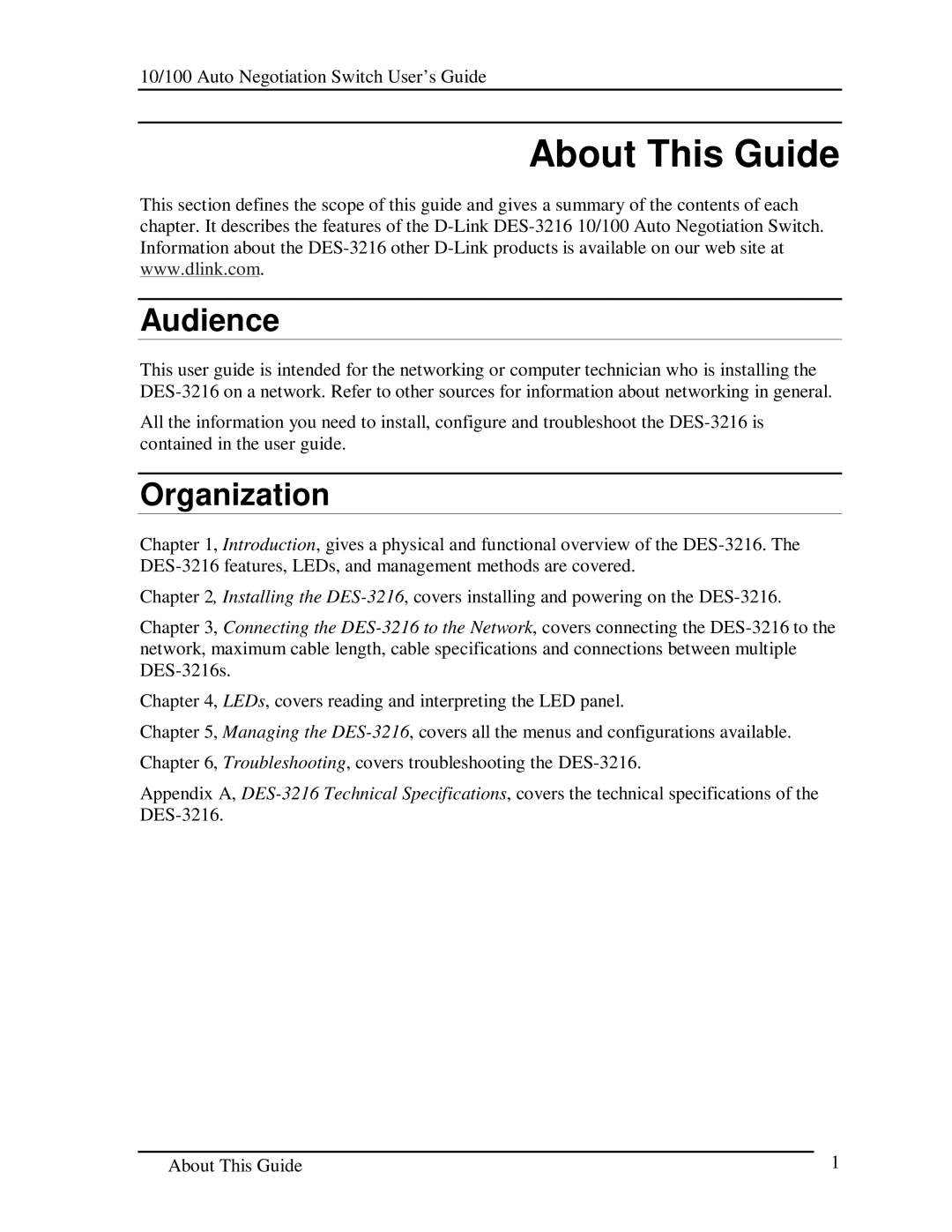 D-Link DES-3216 manual About This Guide, Audience, Organization 