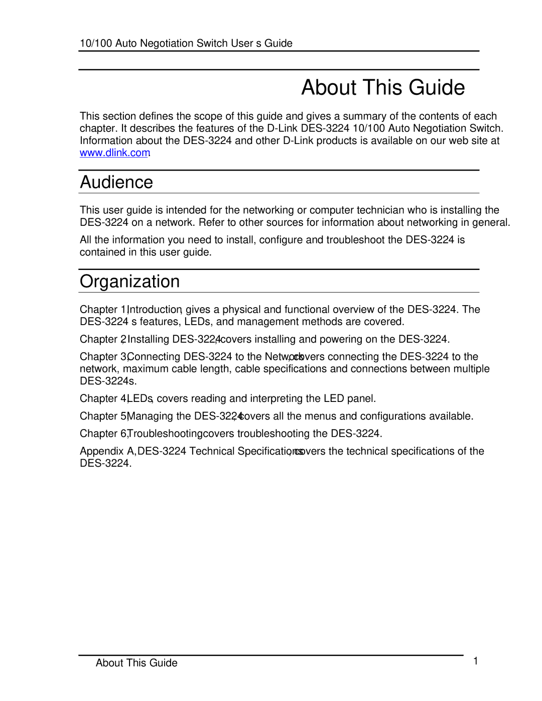 D-Link DES-3224 manual About This Guide, Audience, Organization 