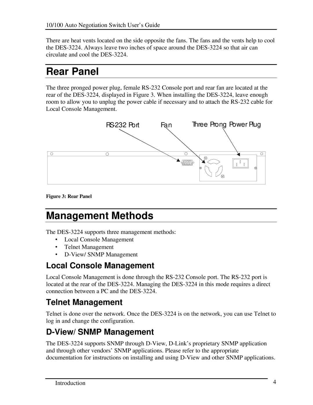 D-Link DES-3224 manual Rear Panel, Management Methods, Local Console Management, Telnet Management, View/ Snmp Management 