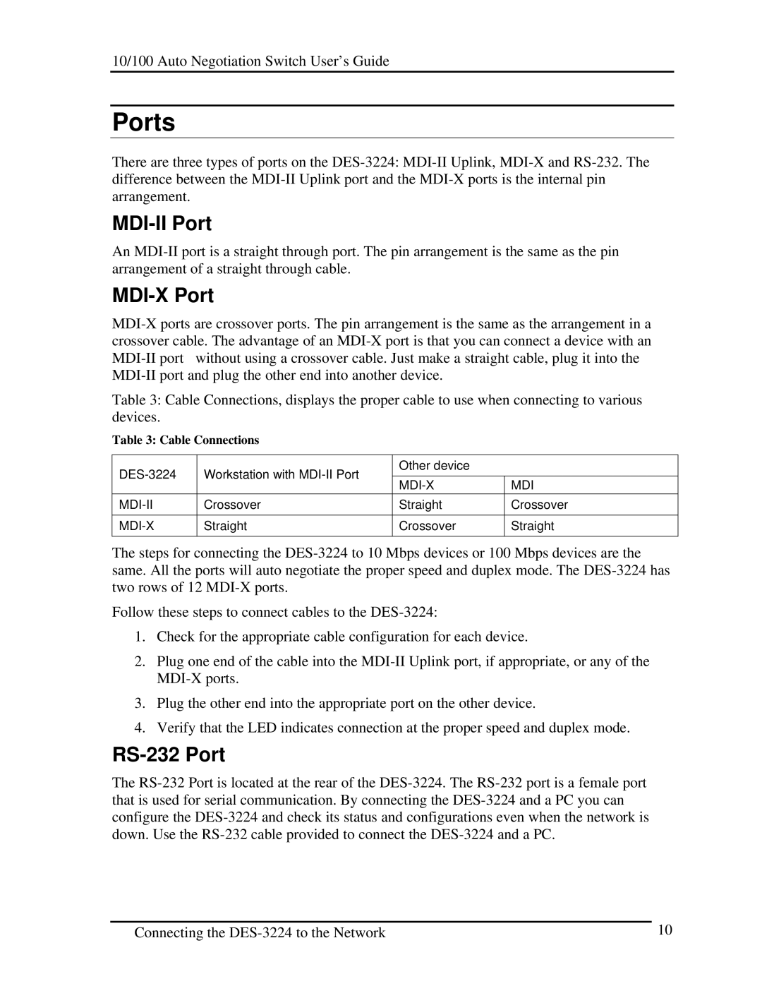 D-Link DES-3224 manual Ports, MDI-II Port, MDI-X Port, RS-232 Port 