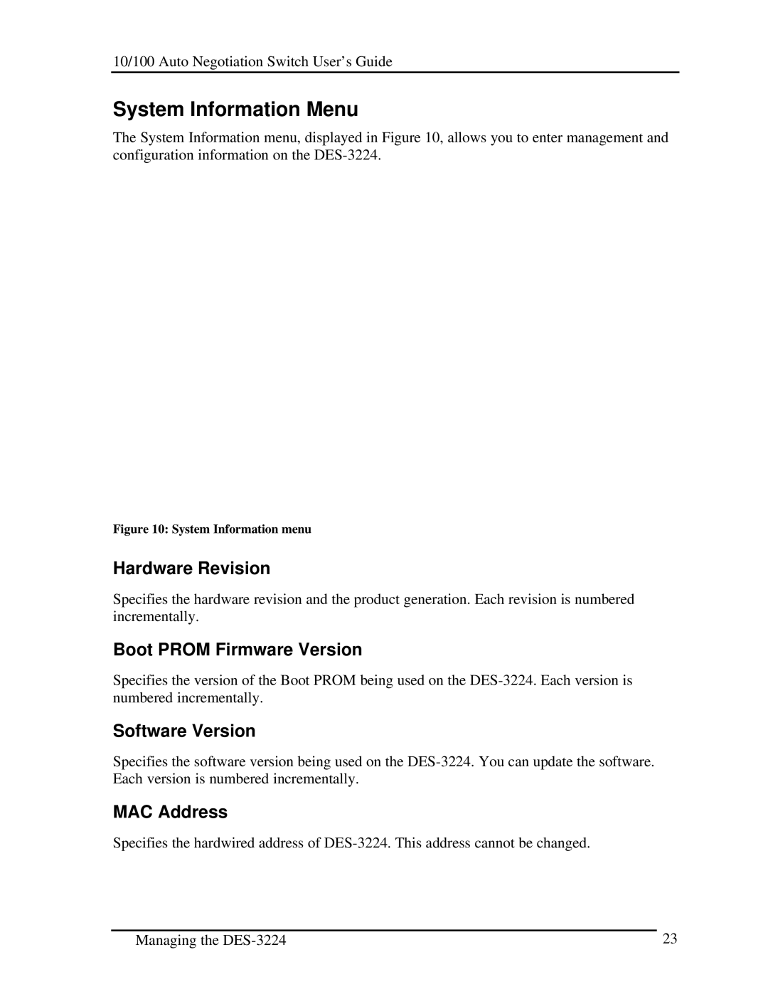 D-Link DES-3224 System Information Menu, Hardware Revision, Boot Prom Firmware Version, Software Version, MAC Address 