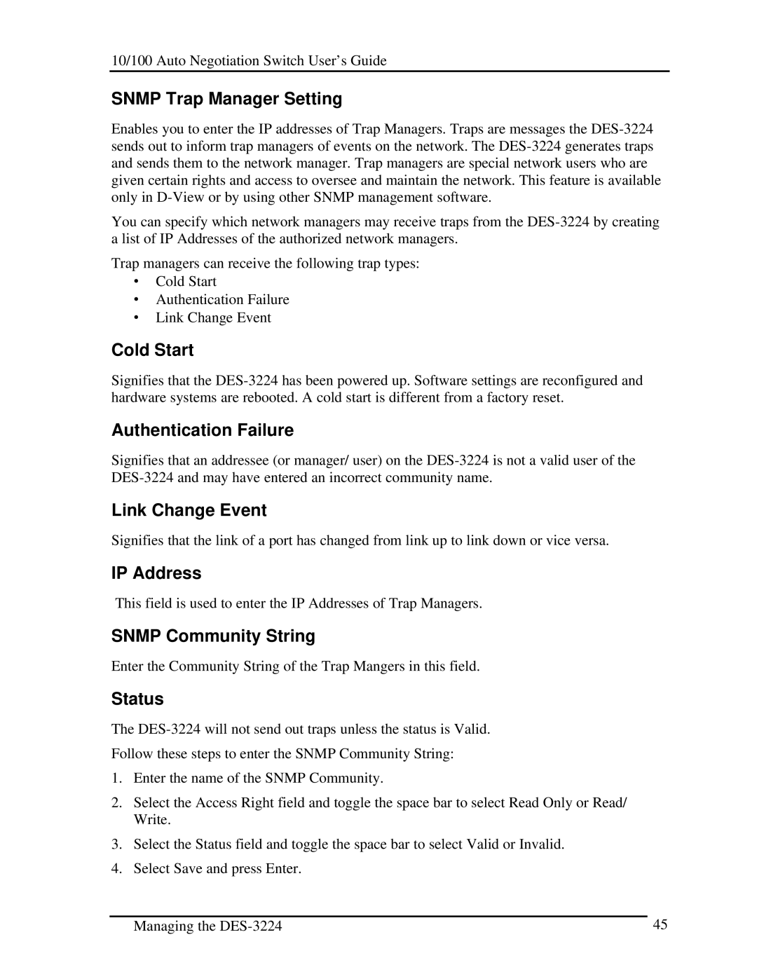 D-Link DES-3224 manual Snmp Trap Manager Setting, Cold Start, Authentication Failure, Link Change Event, IP Address 