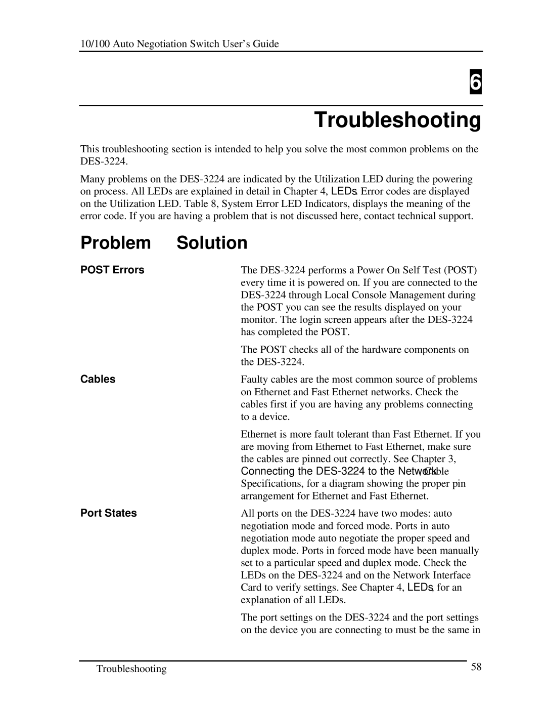 D-Link DES-3224 manual Troubleshooting, Problem Solution 