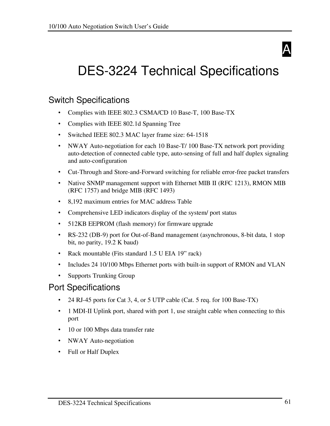 D-Link manual DES-3224 Technical Specifications, Switch Specifications, Port Specifications 