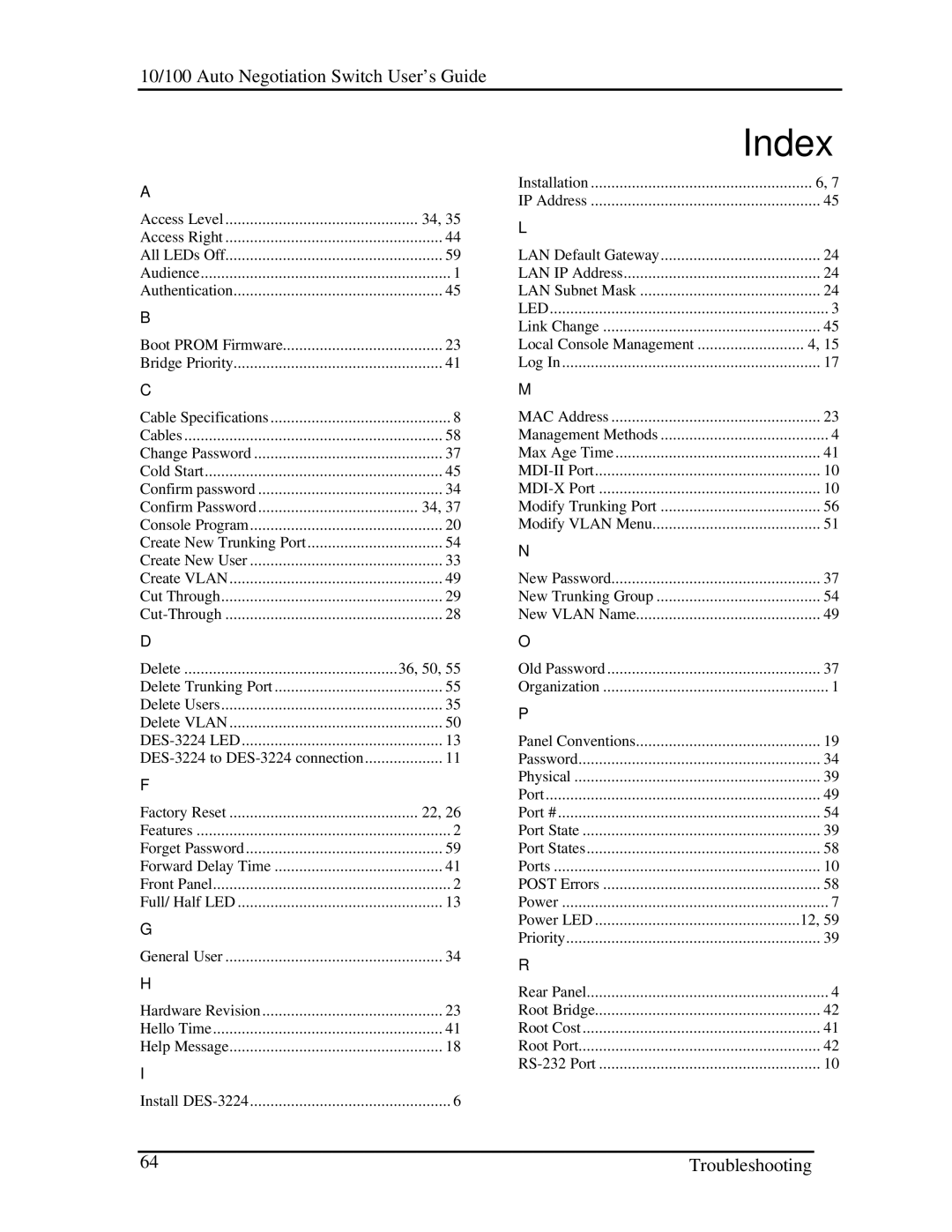 D-Link DES-3224 manual Index, Access Level 