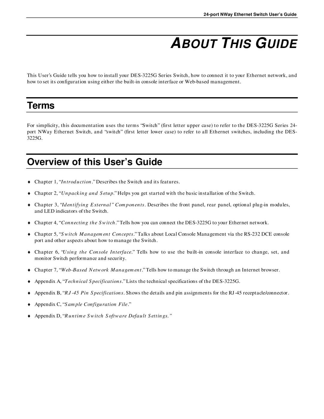 D-Link DES-3225G manual About this Guide, Terms, Overview of this User’s Guide 