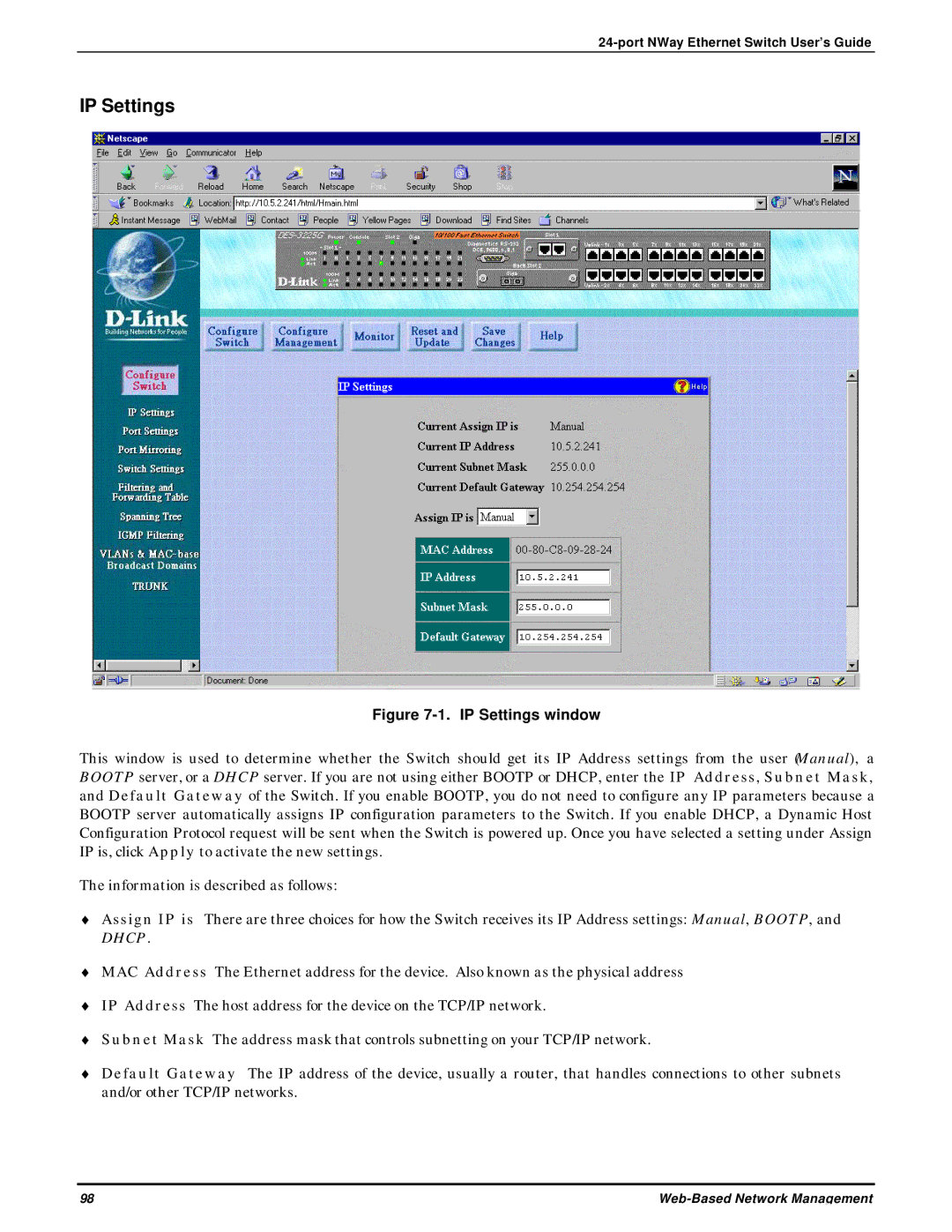 D-Link DES-3225G manual IP Settings window 