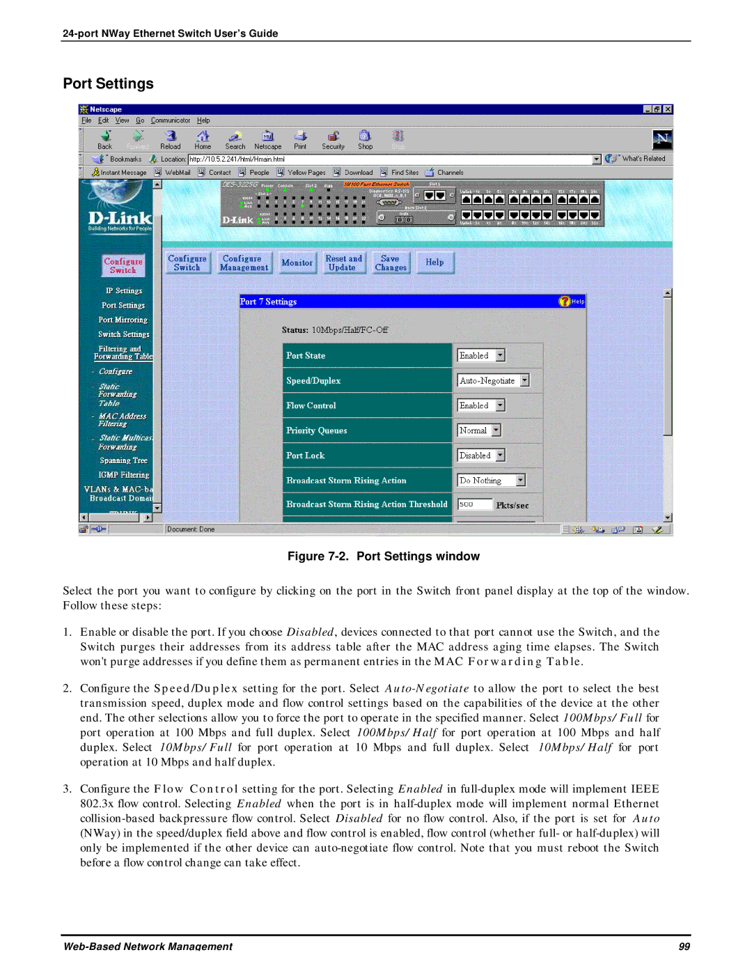 D-Link DES-3225G manual Port Settings window 