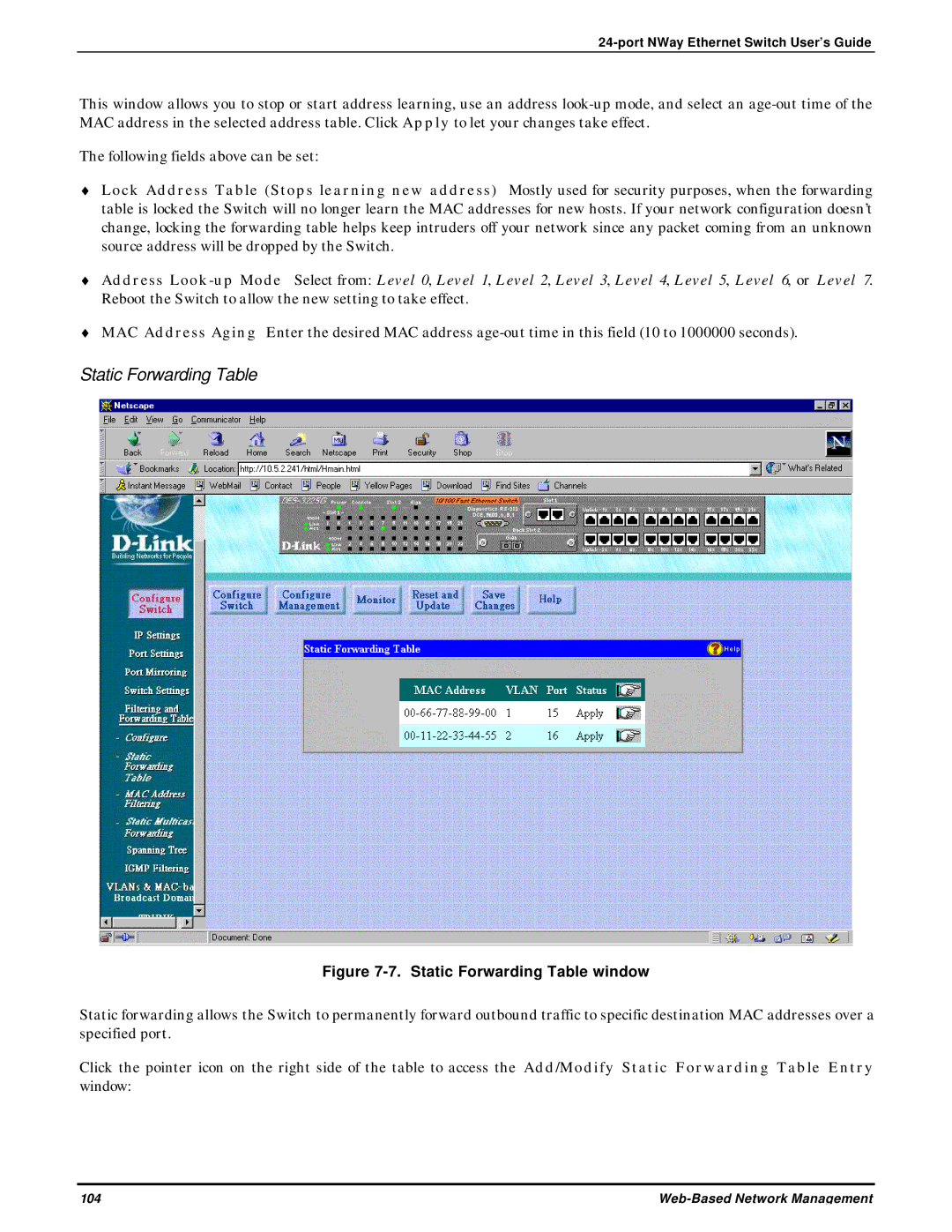 D-Link DES-3225G manual Static Forwarding Table window 