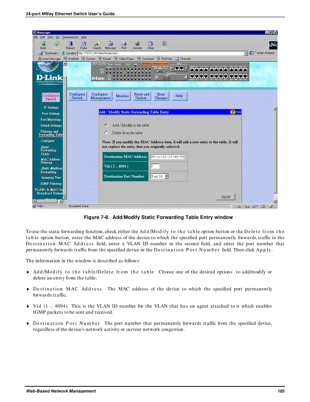 D-Link DES-3225G manual Add/Modify Static Forwarding Table Entry window 