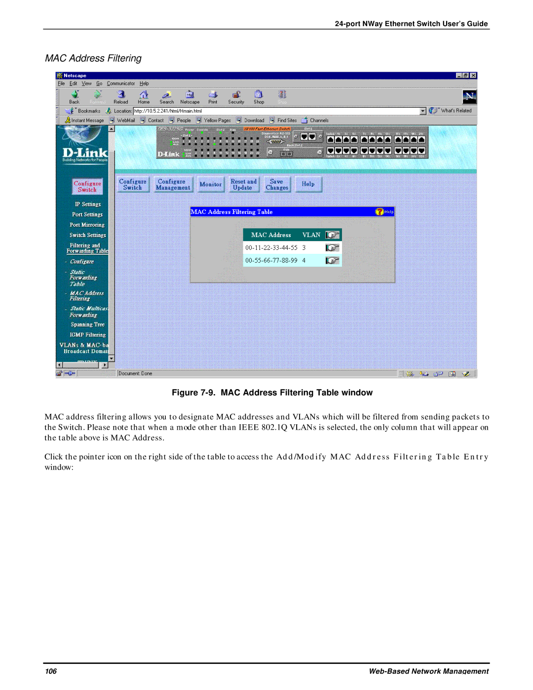 D-Link DES-3225G manual MAC Address Filtering Table window 