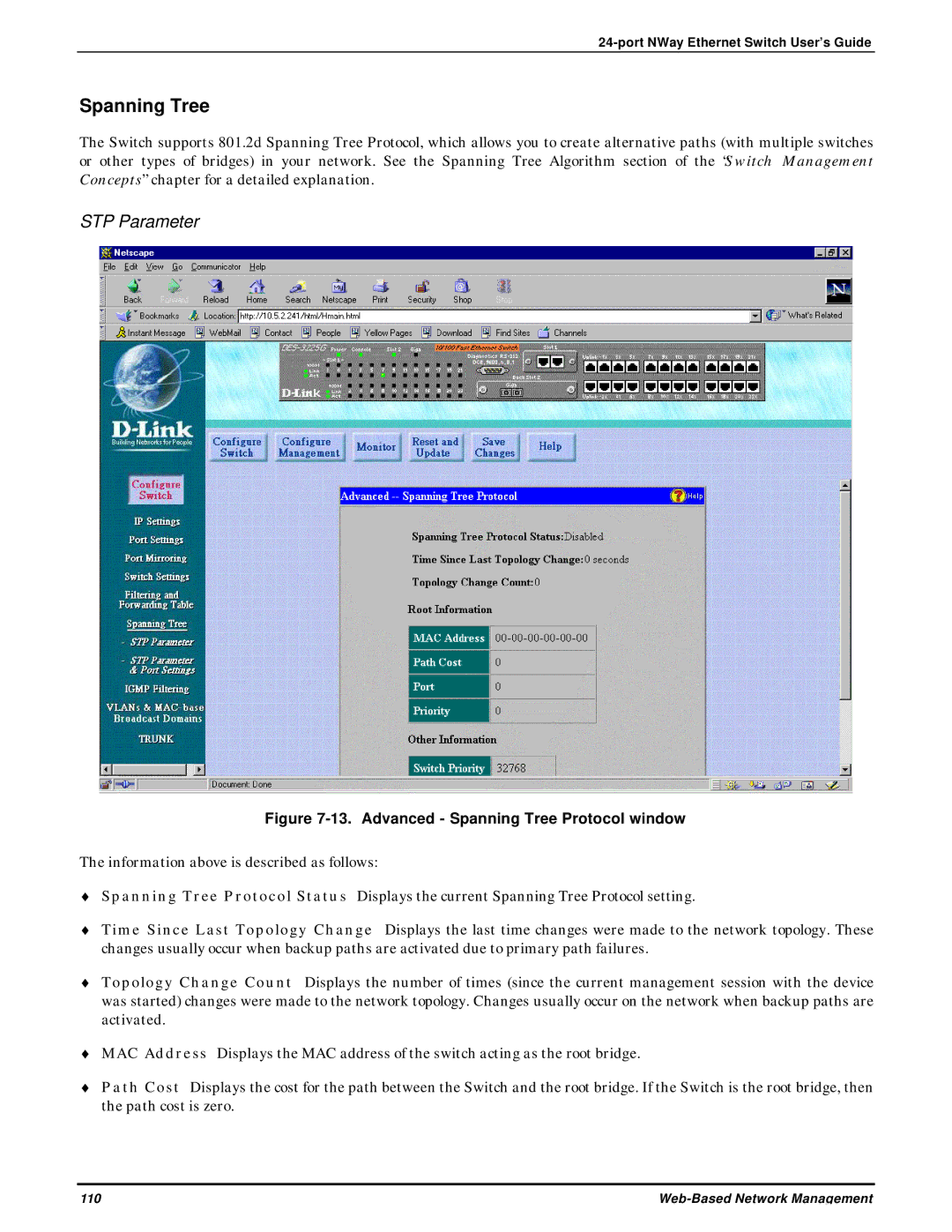 D-Link DES-3225G manual Spanning Tree, STP Parameter 