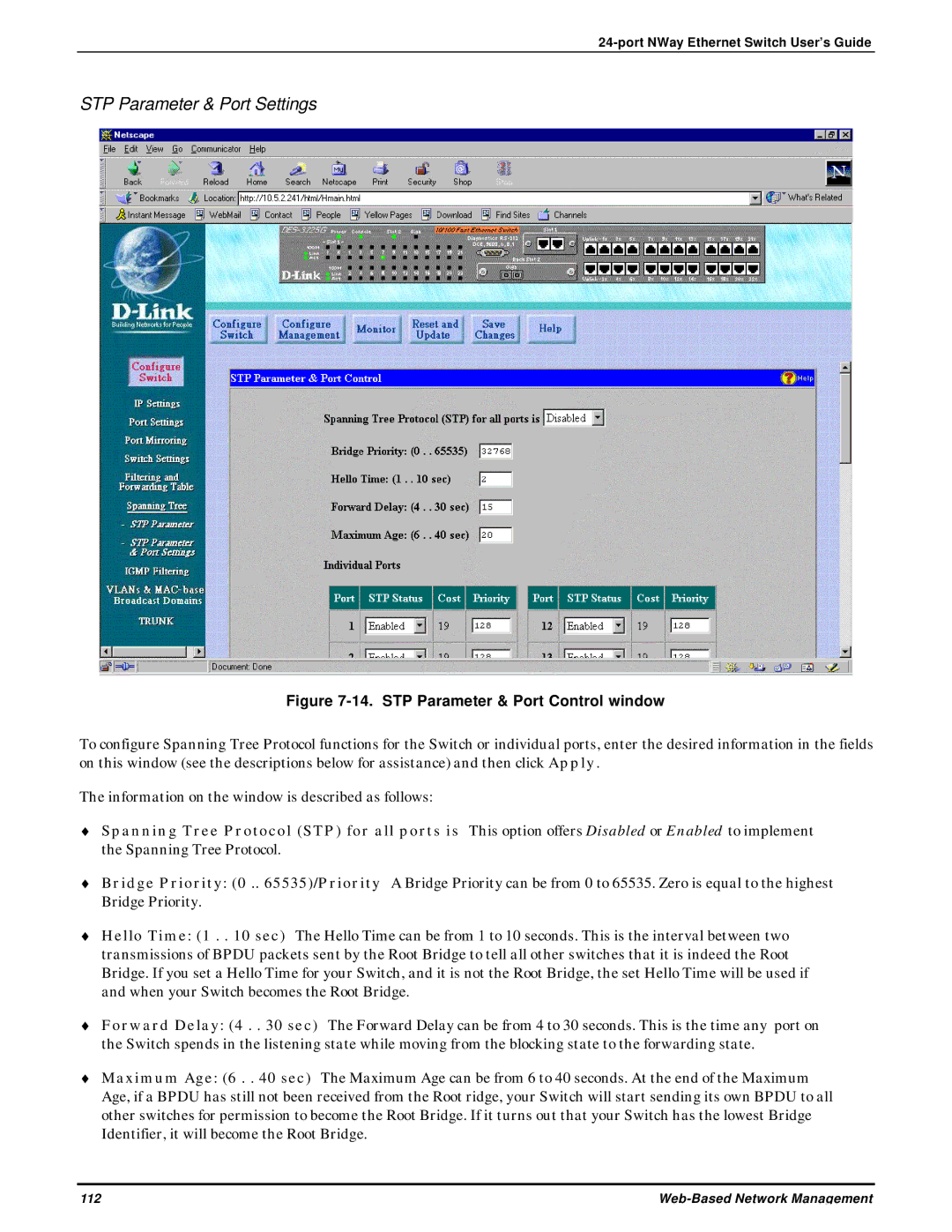 D-Link DES-3225G manual STP Parameter & Port Settings, STP Parameter & Port Control window 