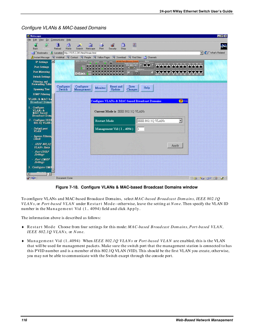 D-Link DES-3225G manual Configure VLANs & MAC-based Domains, Configure VLANs & MAC-based Broadcast Domains window 