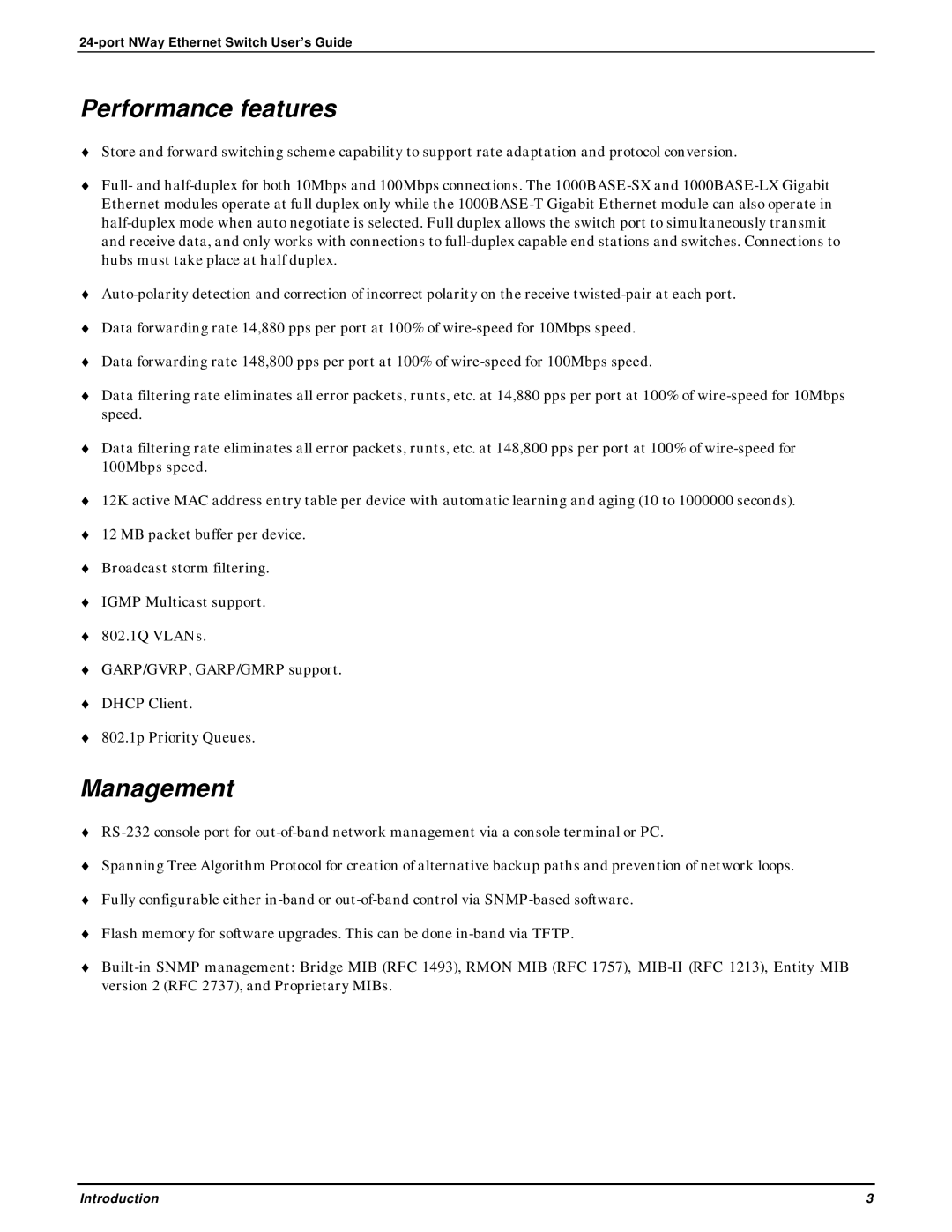 D-Link DES-3225G manual Performance features, Management 