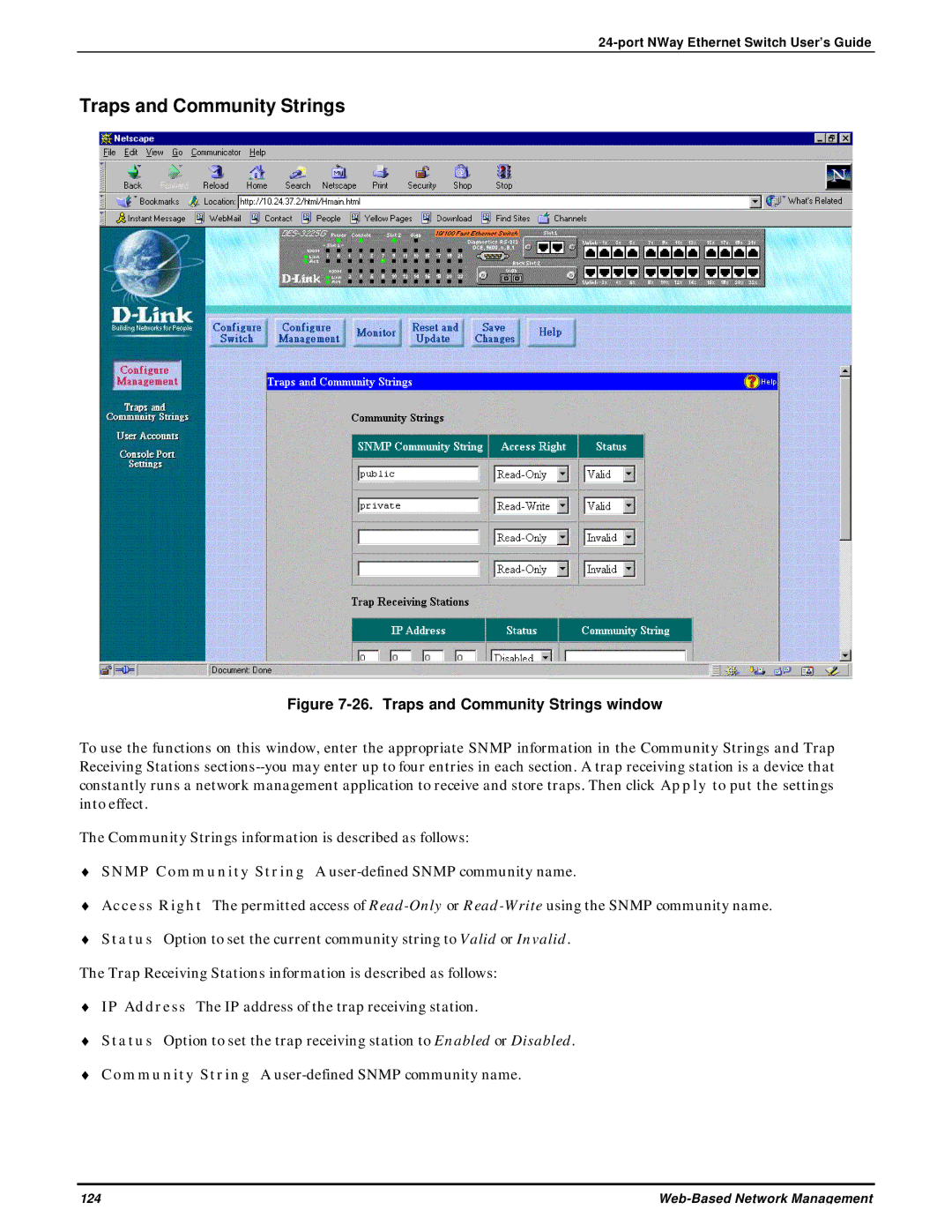 D-Link DES-3225G manual Traps and Community Strings window 