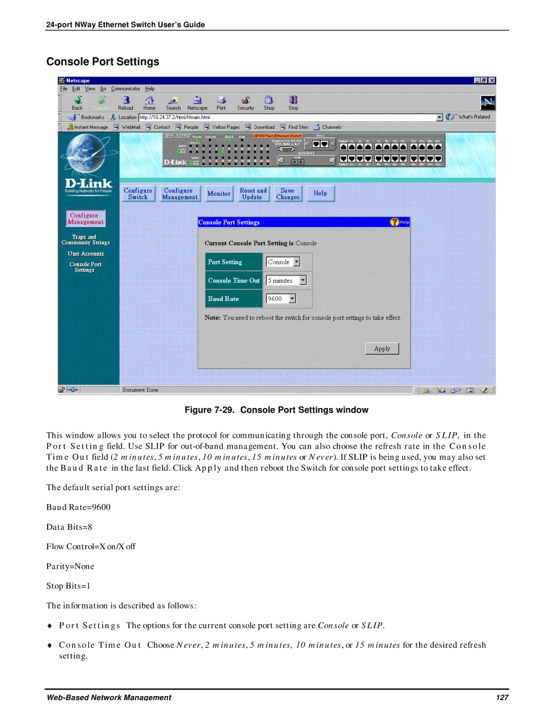 D-Link DES-3225G manual Console Port Settings window 