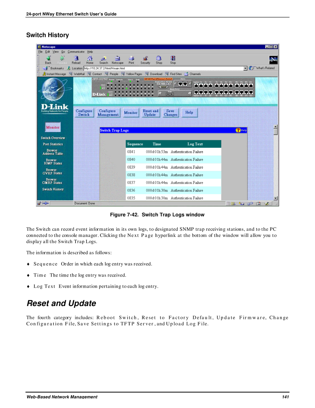 D-Link DES-3225G manual Reset and Update, Switch Trap Logs window 