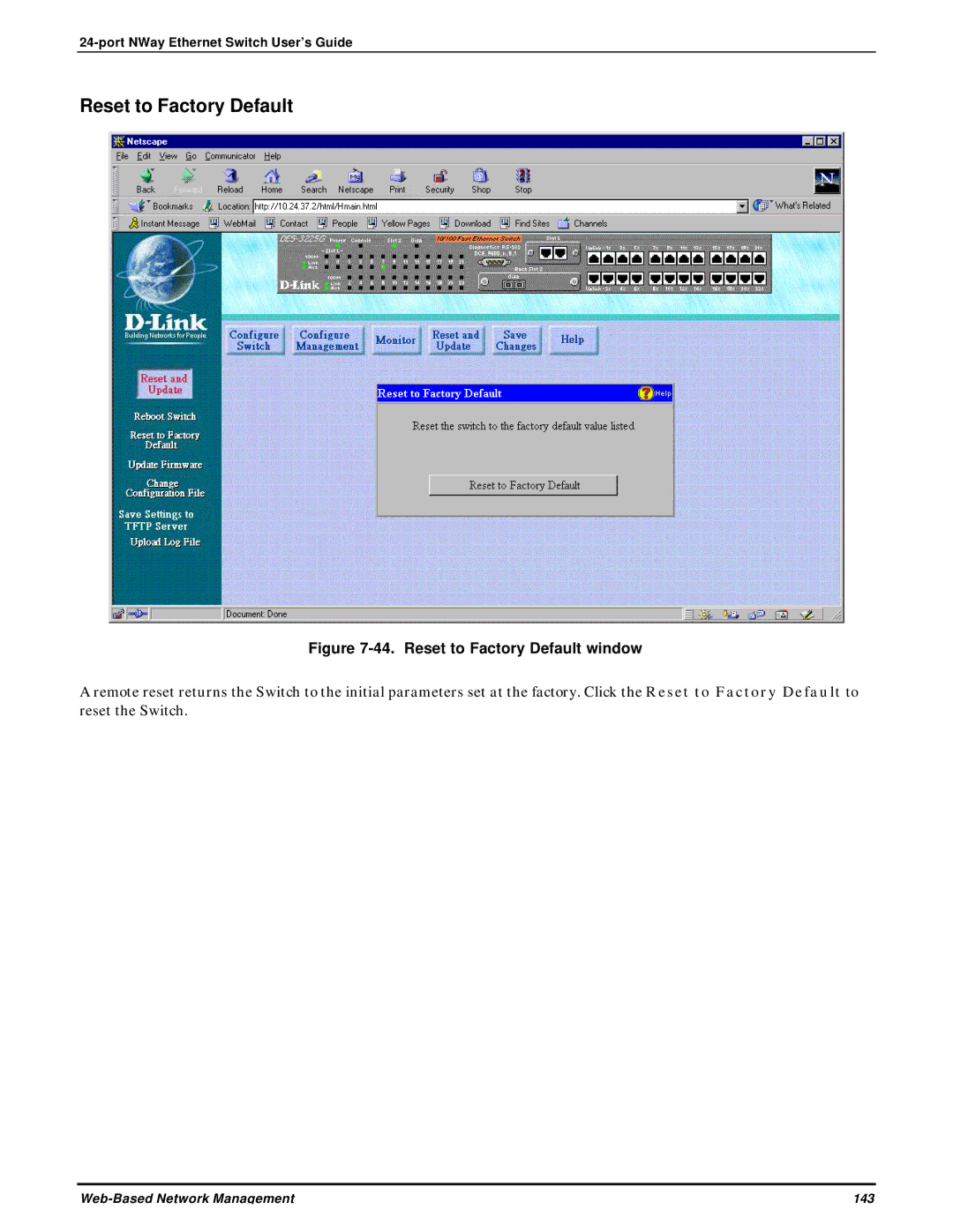 D-Link DES-3225G manual Reset to Factory Default window 