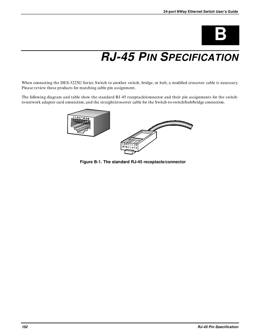 D-Link DES-3225G manual RJ-45 PIN Specification, Figure B-1. The standard RJ-45 receptacle/connector 