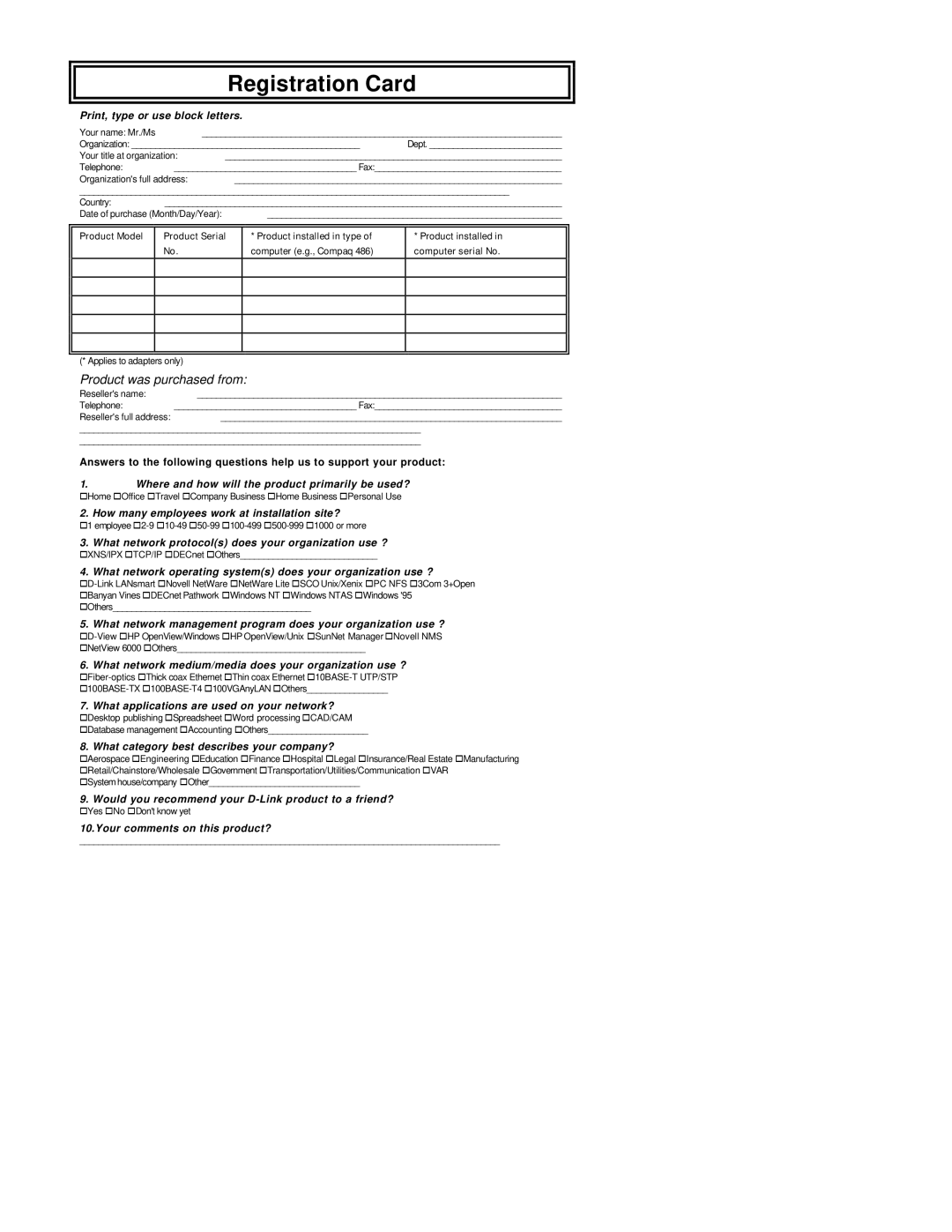 D-Link DES-3225G manual Registration Card 