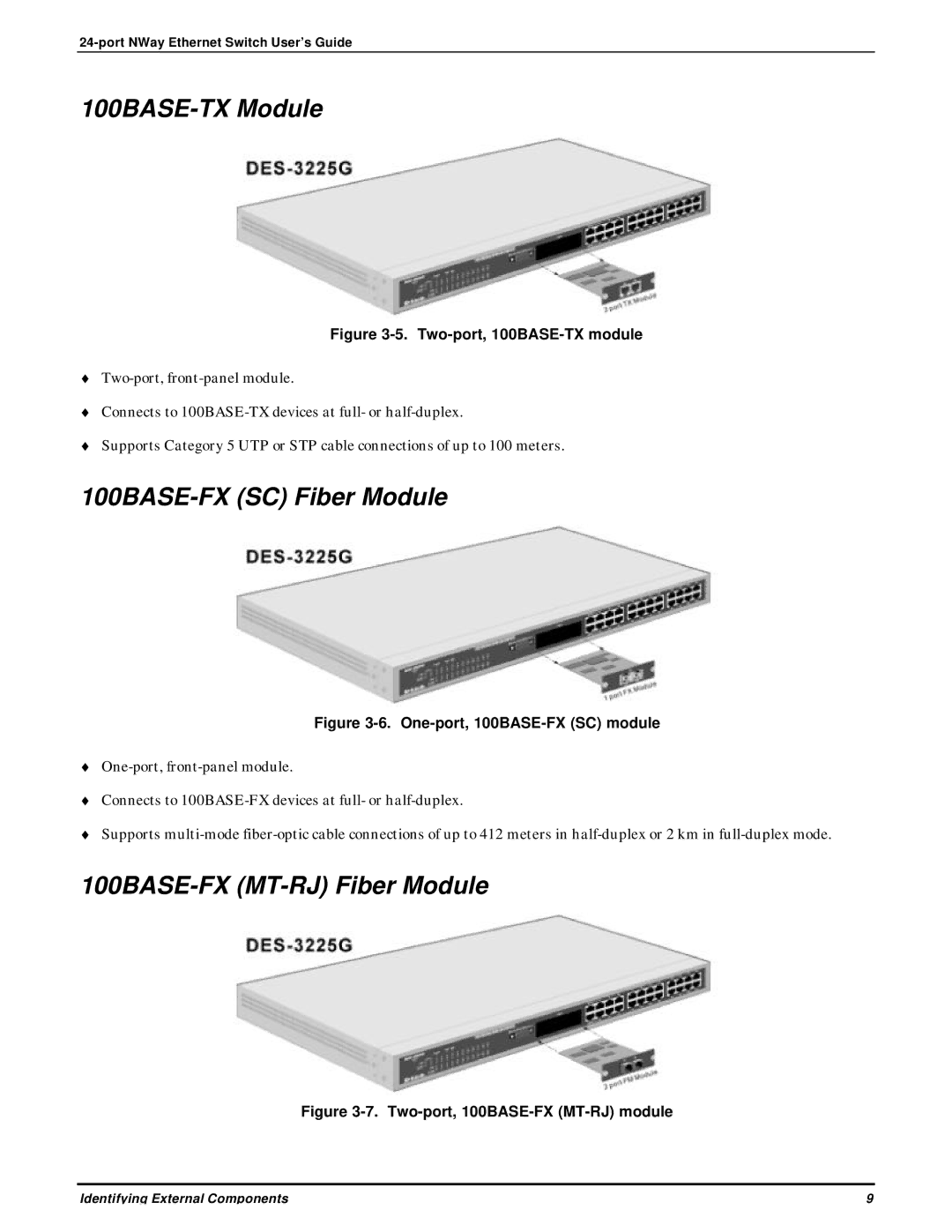 D-Link DES-3225G manual 100BASE-TX Module, 100BASE-FX SC Fiber Module, 100BASE-FX MT-RJ Fiber Module 