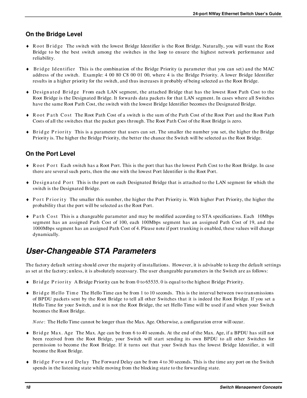 D-Link DES-3225G manual User-Changeable STA Parameters, On the Bridge Level, On the Port Level 