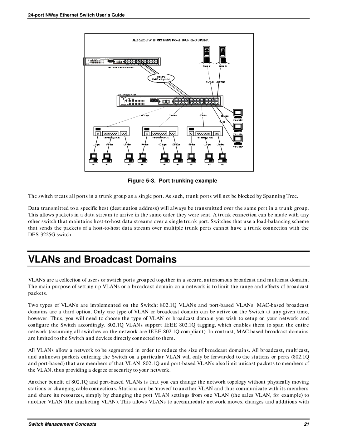 D-Link DES-3225G manual VLANs and Broadcast Domains, Port trunking example 