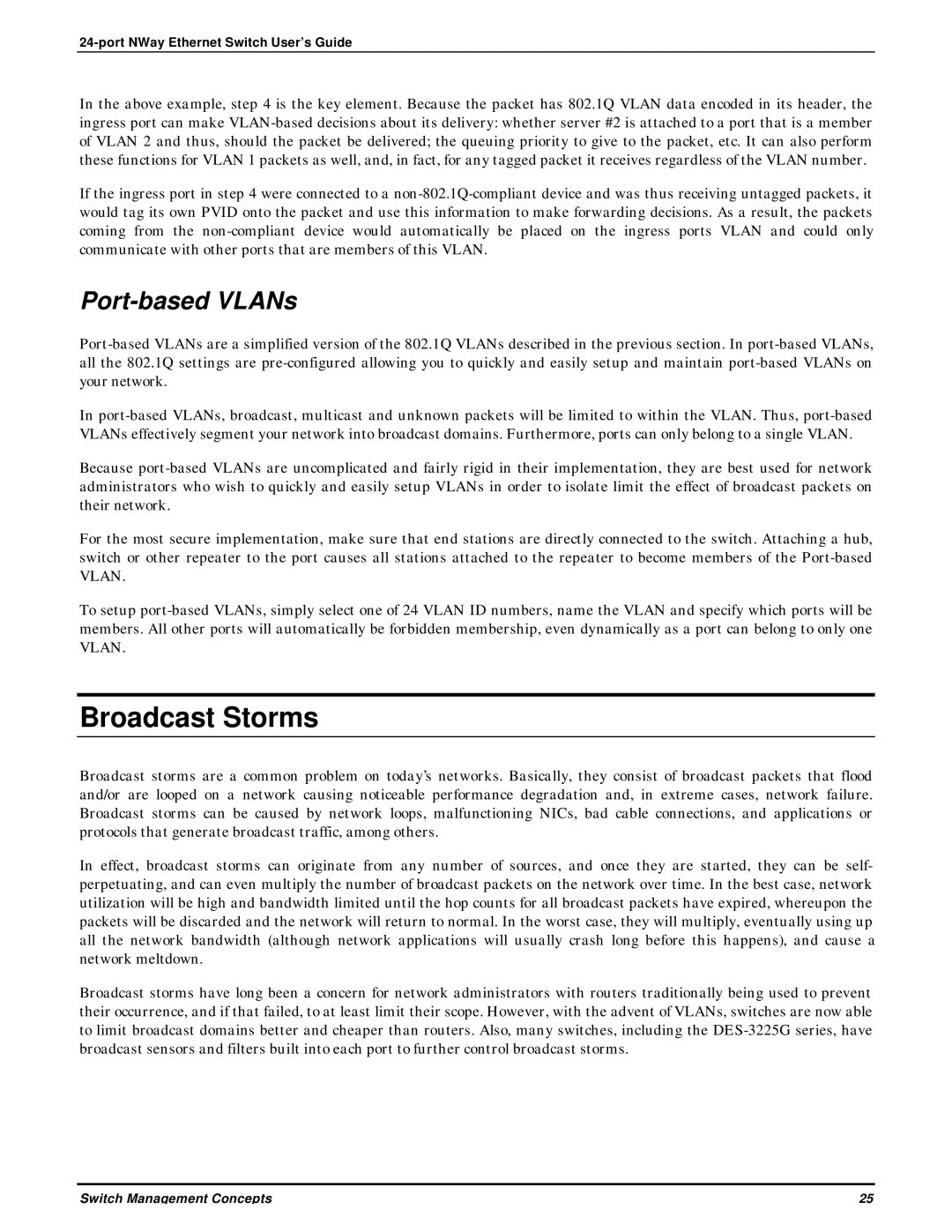 D-Link DES-3225G manual Broadcast Storms, Port-based VLANs 