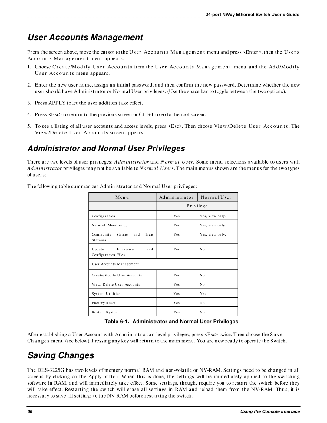 D-Link DES-3225G manual User Accounts Management, Saving Changes 